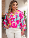 Pink Plus Size Graffiti Print Split Neck Puff Sleeve Blouse