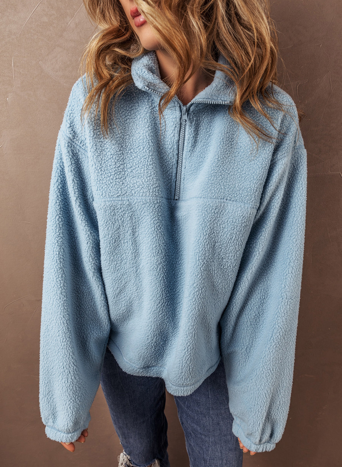 Myosotis Collared Zipper Drop Shoulder Fleece Sweatshirt