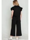 Black Textured Ruffle Cap Sleeve Top and Wide Leg Pants Set