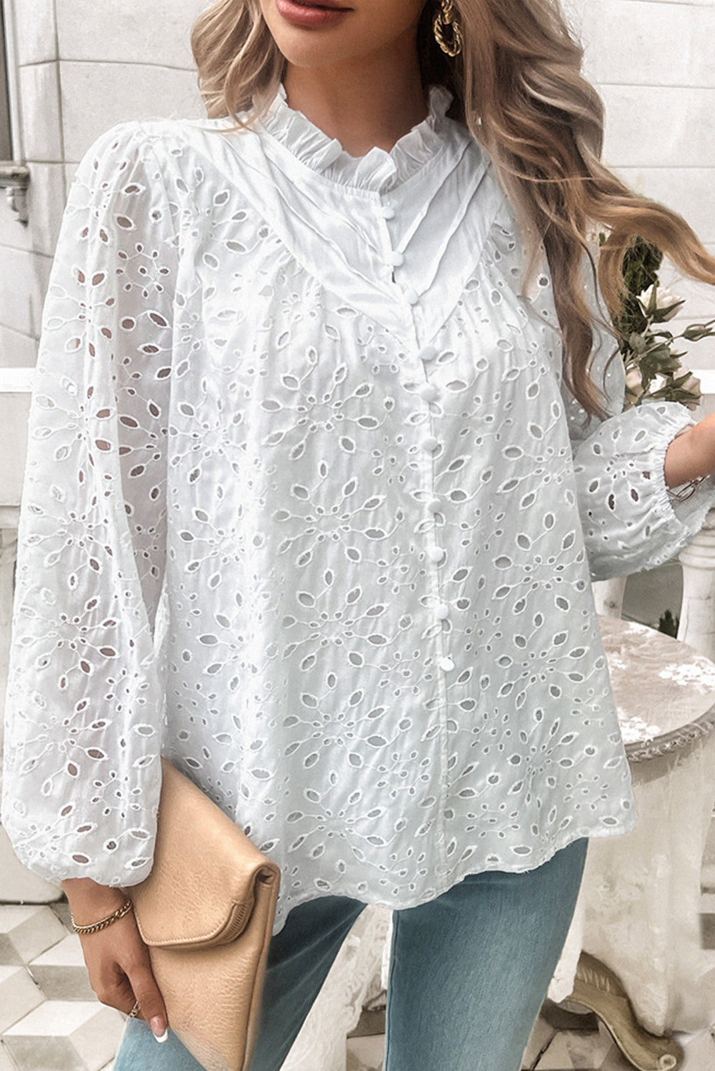 White Ruffle Stand Neck Eyelet Button Blouse