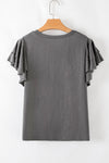 Dark Grey Turquoise Pattern Ruffle Sleeve Tee