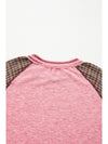 Fushia Floral Plaid Mixed Print Patchwork Raglan Ribbed Top