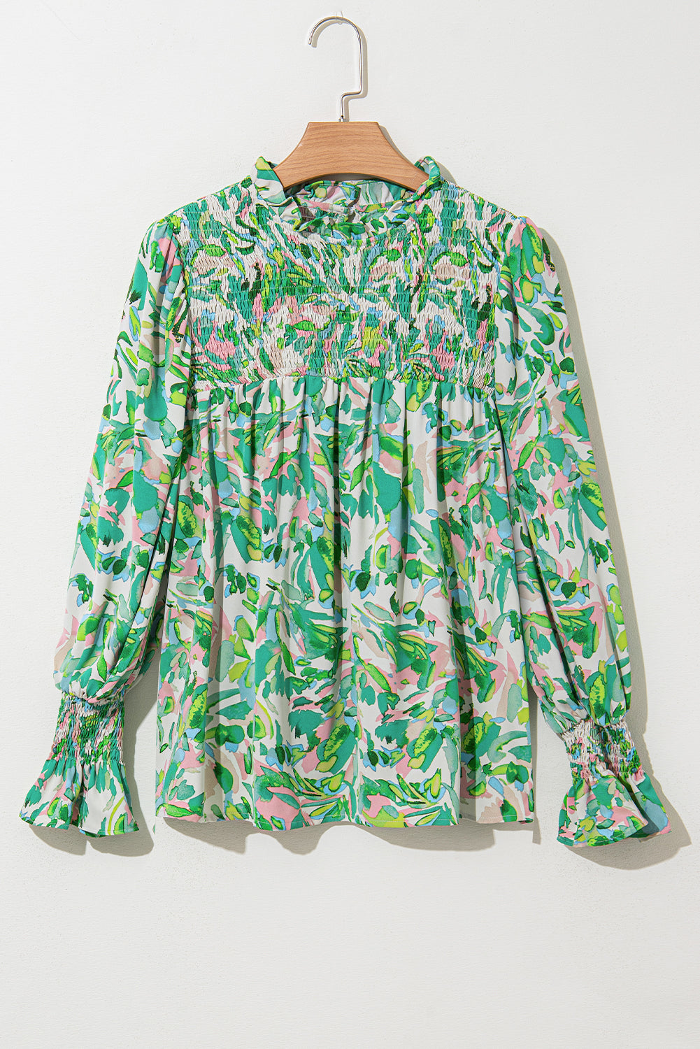 Green Abstract Print Puff Sleeve Frill Neck Shirred Blouse