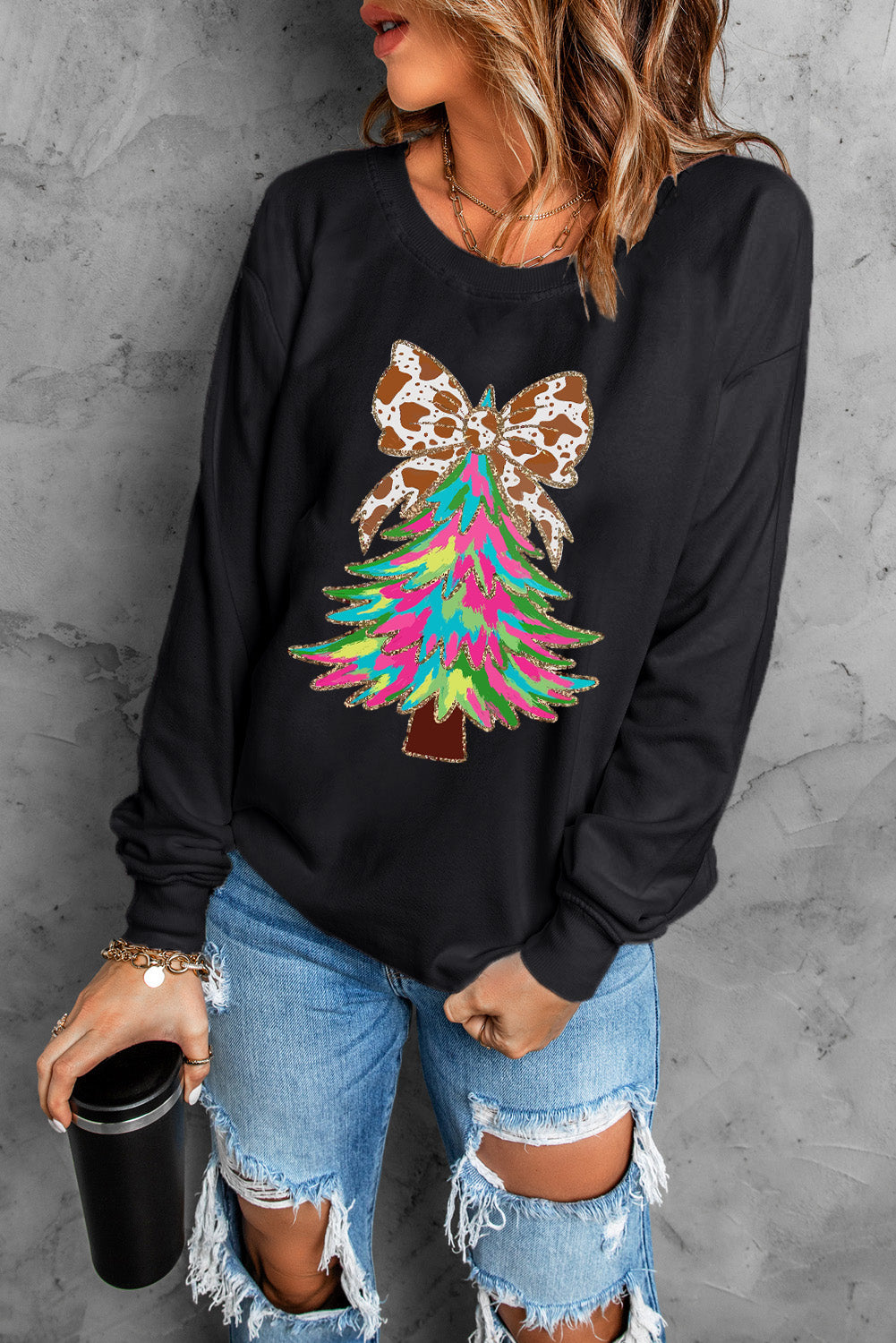 Black Shiny Bowknot Christmas Tree Graphic Round Neck Sweatshirt