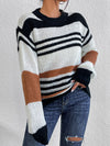 Contrast Striped Round Neck Long Sleeve Sweater - Cocoa Yacht Club