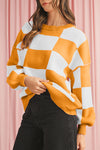 Orange & White Plaid Exposed Seam Bishop Sleeve Sweater