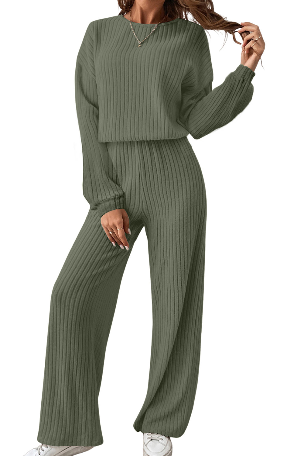 Laurel Green Solid Ribbed Knit Keyhole Back High Waist Jumpsuit