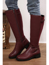 Burgundy Side Zipper Knee High Chunky Low Heel Boots