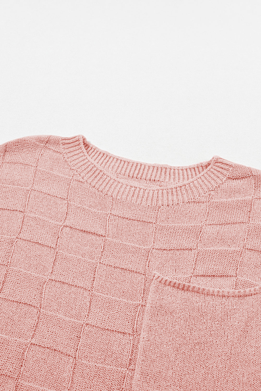 Bright Pink Lattice Textured Knit Chest Pocket Loose Blouse