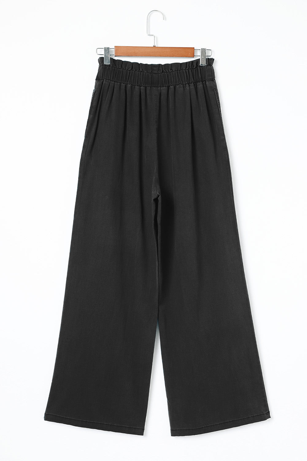 Black Elastic High Waisted Wide Leg Pants with Pockets