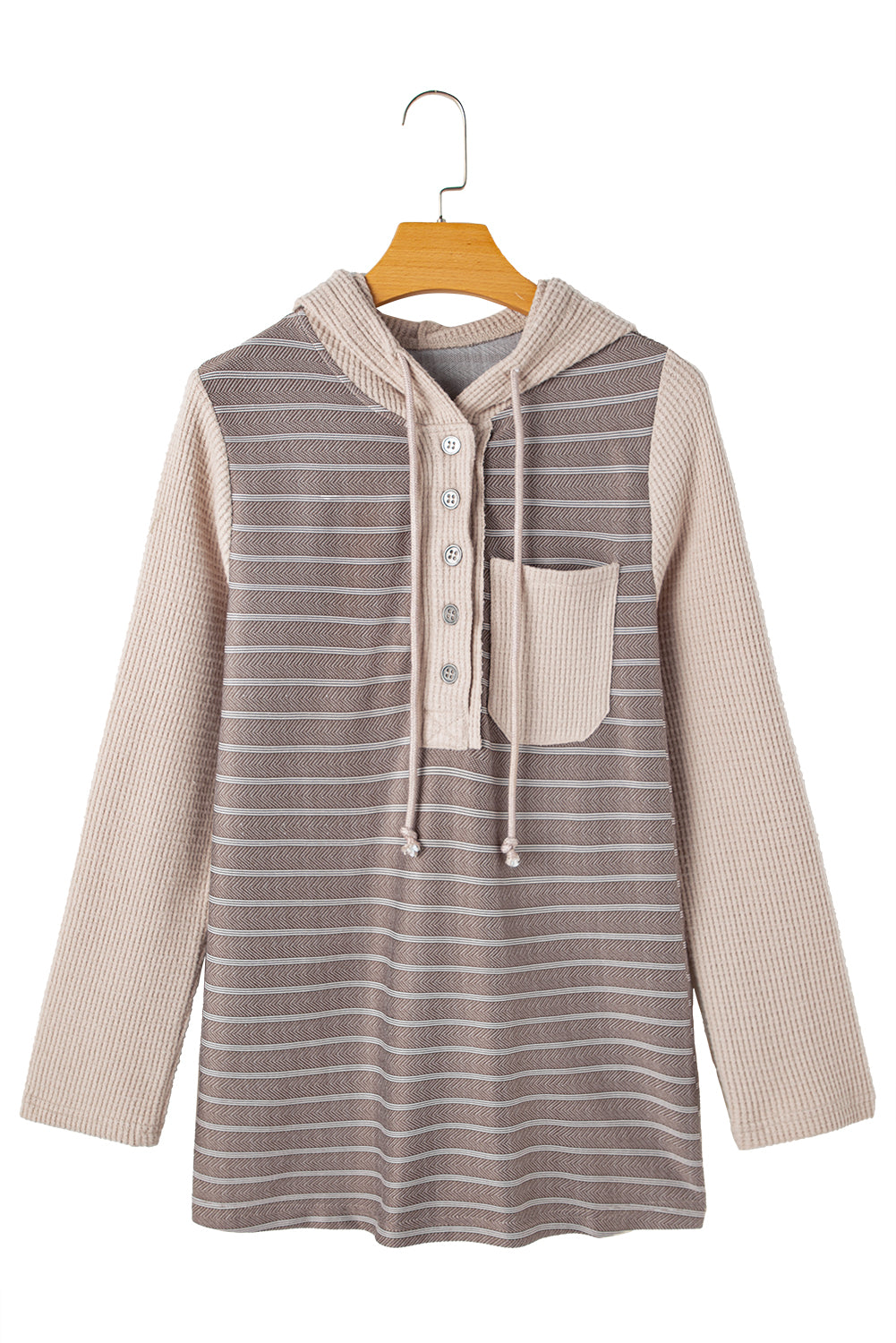 Gray Textured Knit Waffle Patchwork Striped Henley Hoodie