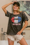 BiBi Laser Cut Mineral Washed Old Glory Lip Print Top