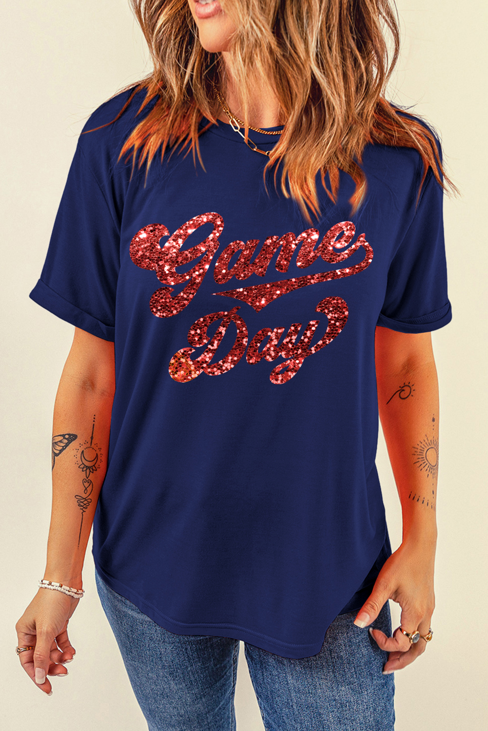 Blue Game Day Graphic Cuffed Sleeve Crew Neck T Shirt