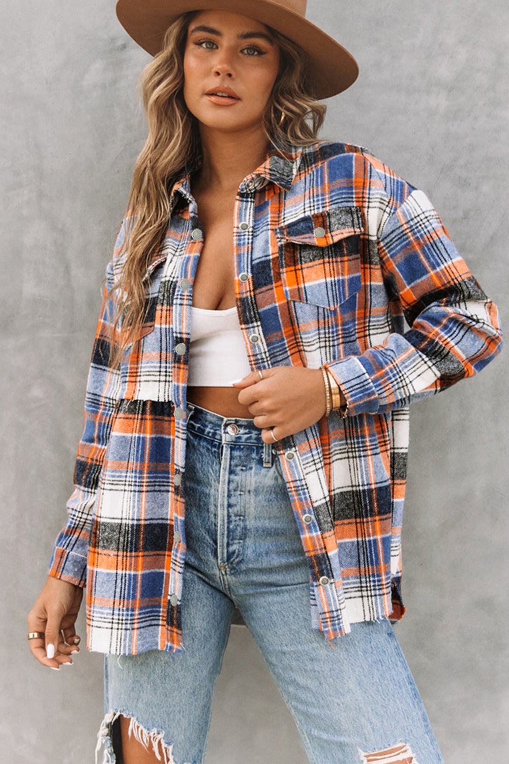 Multicolor Plaid Snap Button Casual Raw Hem Shirt Shacket