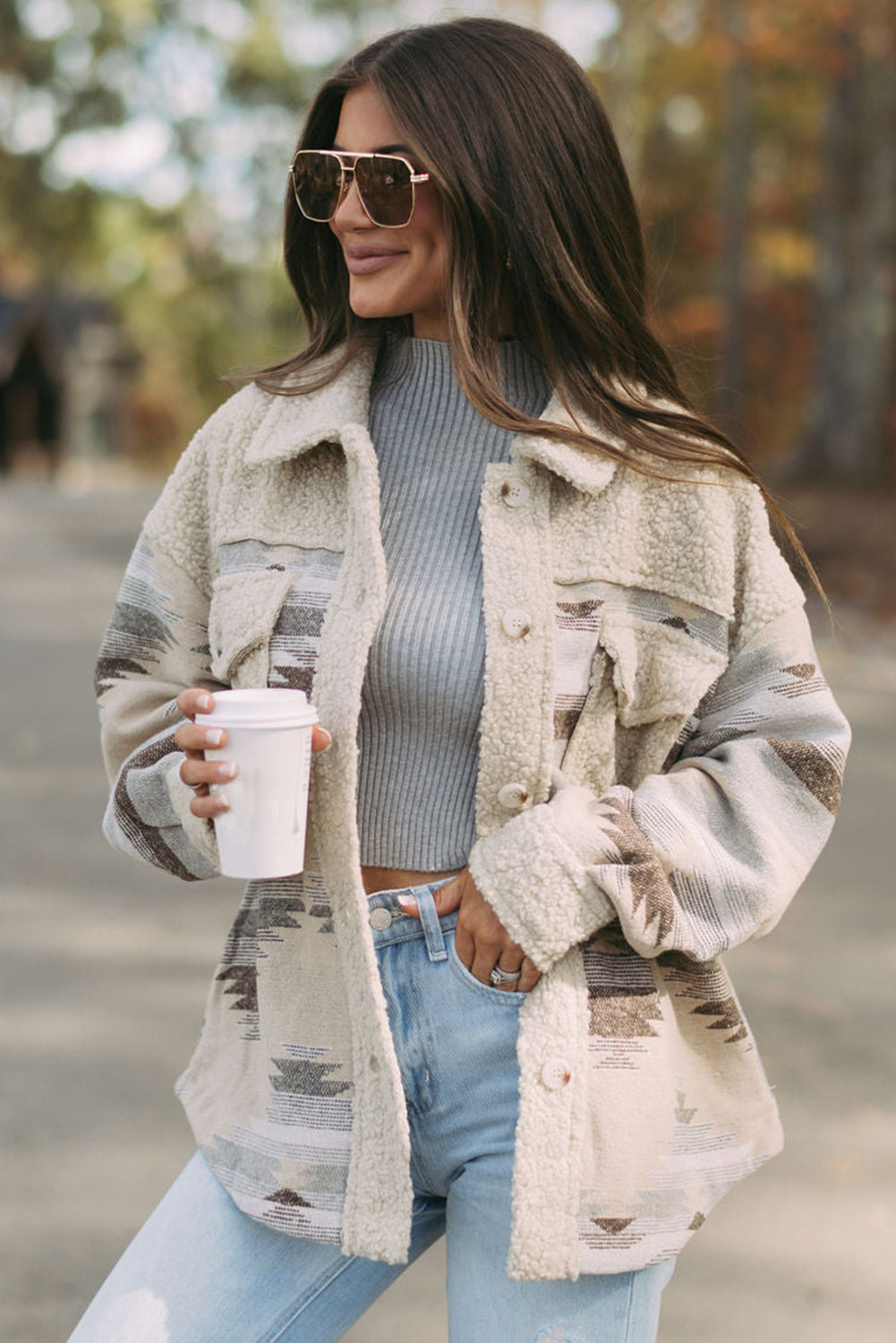 Pink Aztec Print Sherpa Splicing Buttoned Flap Pocket Coat