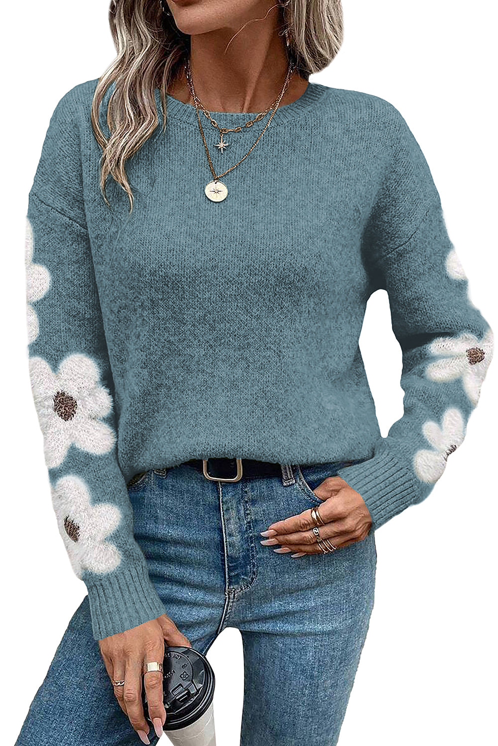 Jet Stream Flower Sleeve Drop Shoulder Sweater