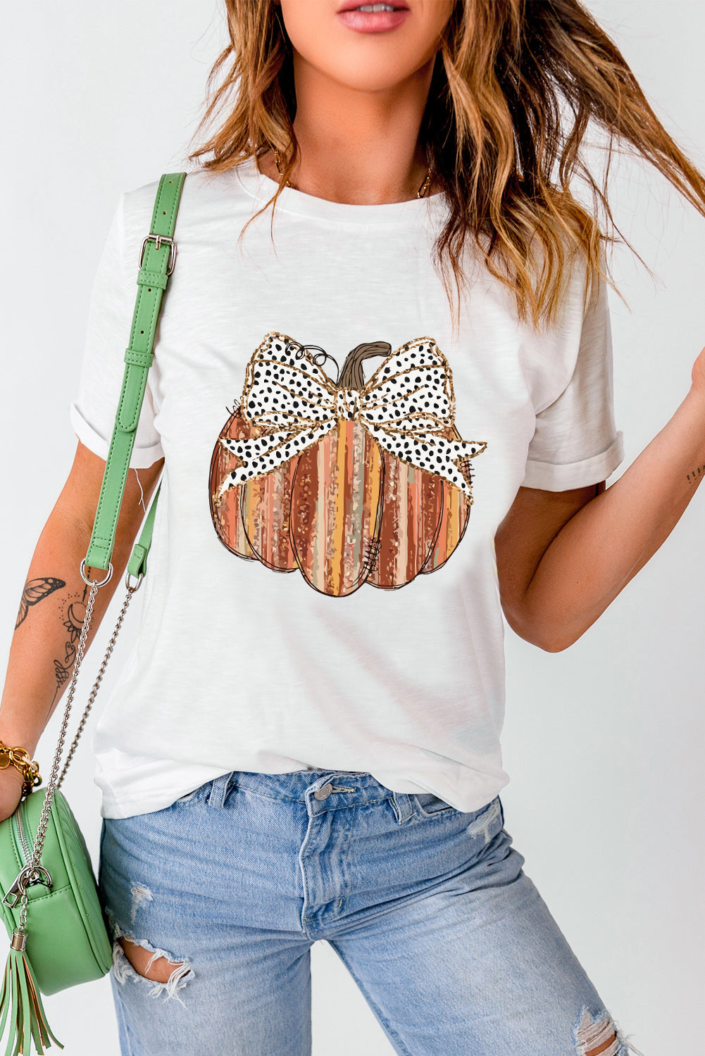 White Thanksgiving Bowknot Pumpkin Print Graphic T Shirt