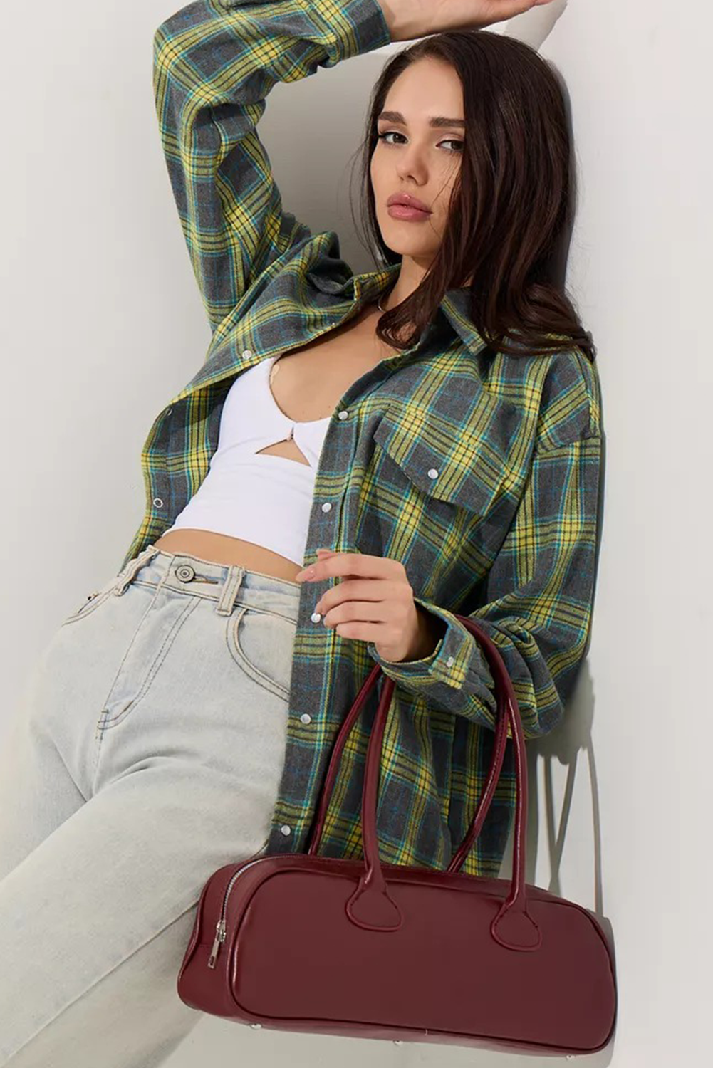 Green Plaid Print Long Sleeve Pocket Shirt