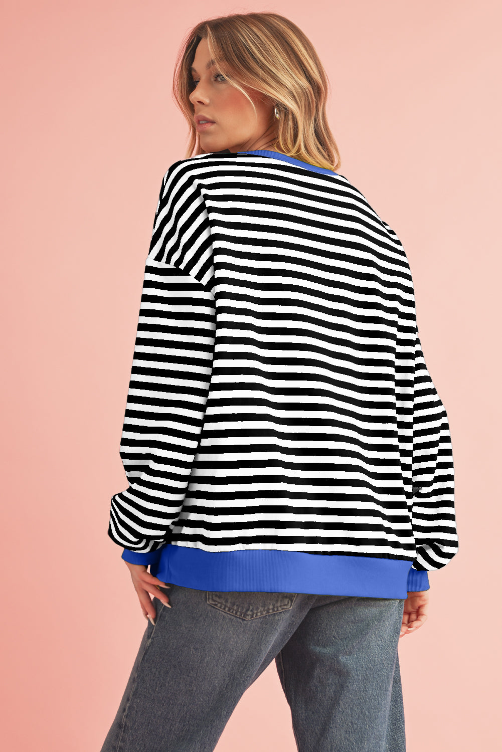 Blue Stripe Contrast Edge Cross Seam Oversized Pullover