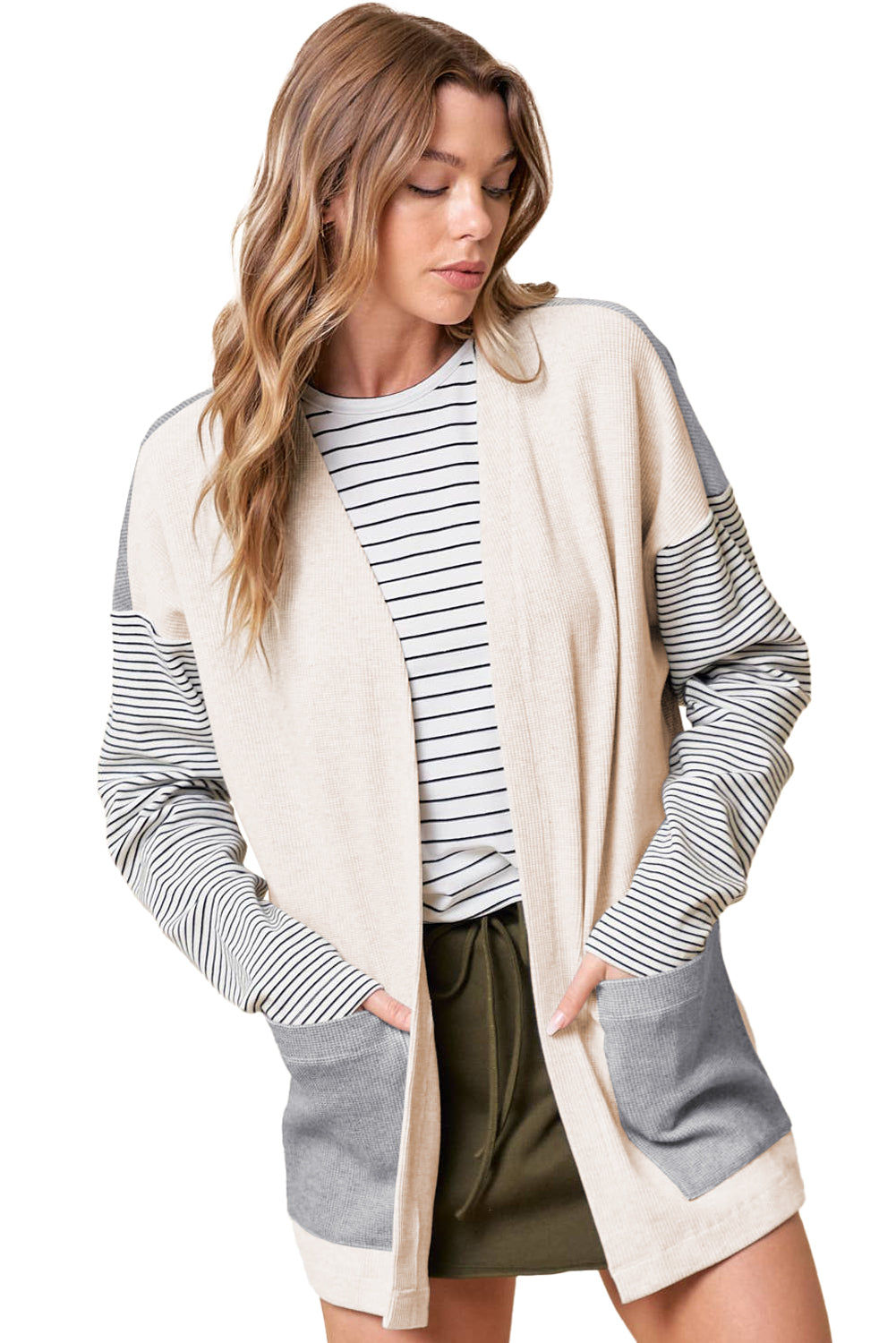 Black Striped Patchwork Pocket Open Front Cardigan