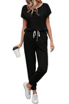 Black Contrast Trim Top & Drawstring Pants Set