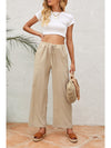 Khaki Drawstring Waist Crinkled Wide Leg Pants