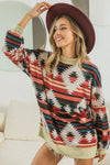 BiBi Aztec Print Mirr Mock Neck Lslv Top