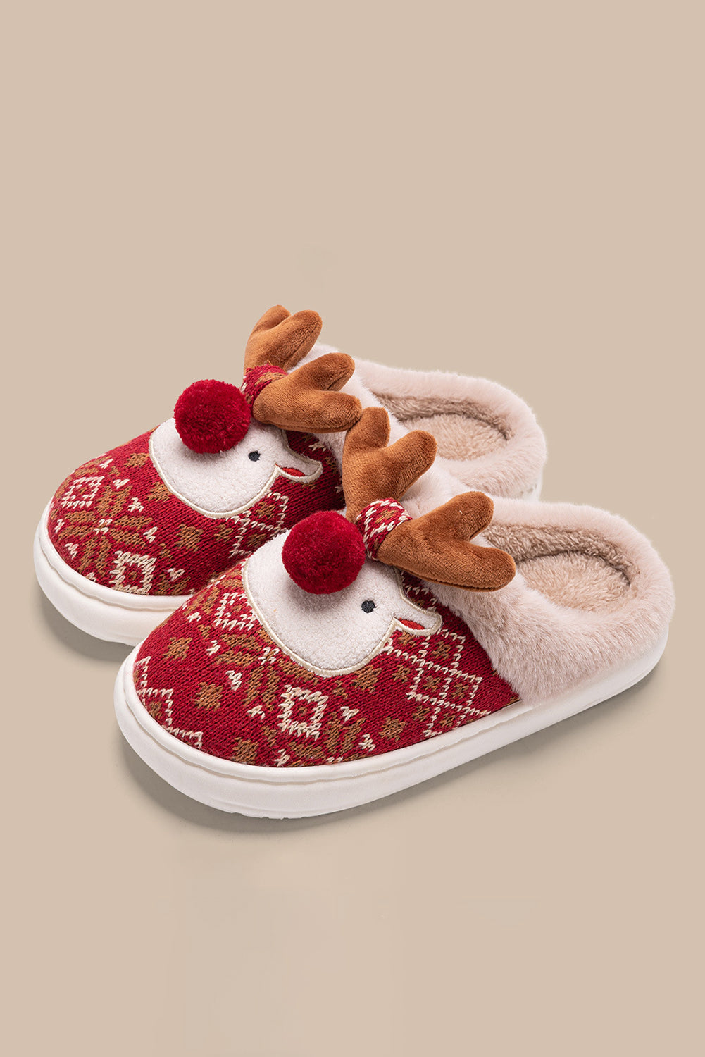 Dark Green Christmas Cartoon Reindeer Plush Home Slippers