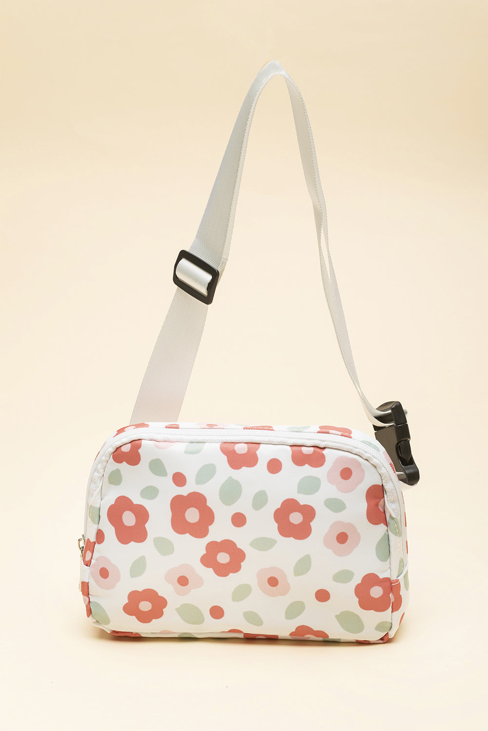 White 60s Vintage Flower Print Zip Up Crossbody Bag