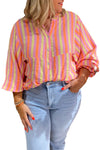 Pink Striped Crinkled Buttons V Neck Plus Size Blouse