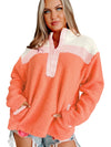 Orange Colorblock Zipper Stand Neck Sherpa Sweatshirt