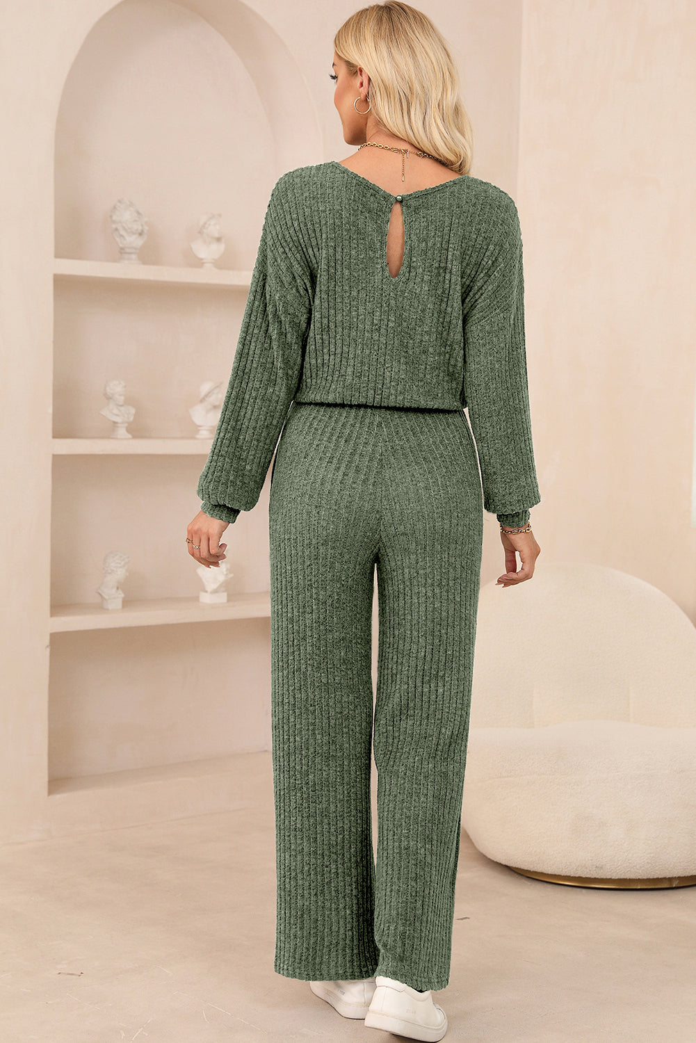 Laurel Green Solid Ribbed Knit Keyhole Back High Waist Jumpsuit