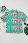 Sea Green Boho Geometric Print Split Neck Blouse