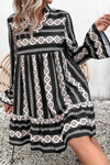 Black Boho Geometric Printed Flared Long Sleeve Mini Dress - Cocoa Yacht Club