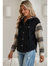 Black Patchwork Plaid Sleeve Frayed Hem Hooded Denim Jacket