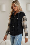 Black Patchwork Plaid Sleeve Frayed Hem Hooded Denim Jacket