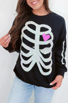 Black Skull Print Heart Sequin Round Neck Sweatshirt