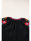 Black Floral Embroidered Ricrac Puff Sleeve Textured Blouse