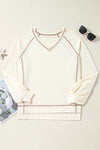 Beige Exposed Seam Crinkle Rib V Neck Pullover Top