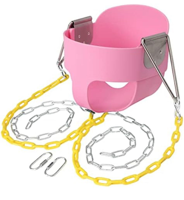 lvssiao Toddler High Back Full Bucket Swing Seat, Toddler Swing Seat with Heavy Duty Plastic Coated Chain + Snap Hooks + Tree Hanging Straps Kids Swing Set Accessories (Pink)