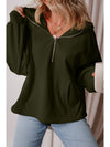 Smoke Green Half Zipper Kangaroo Pockets Drop Shoulder Hoodie