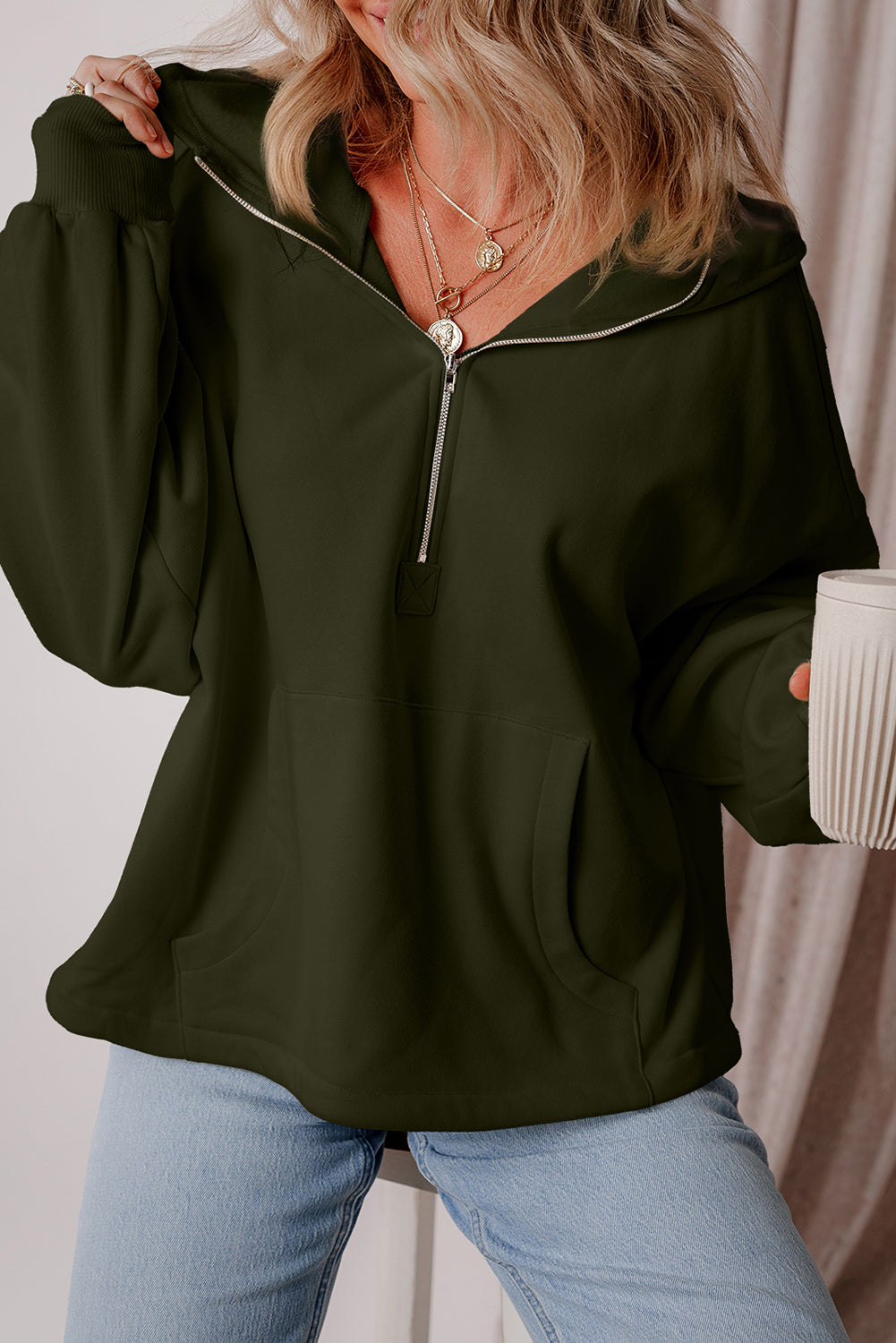 Smoke Green Half Zipper Kangaroo Pockets Drop Shoulder Hoodie