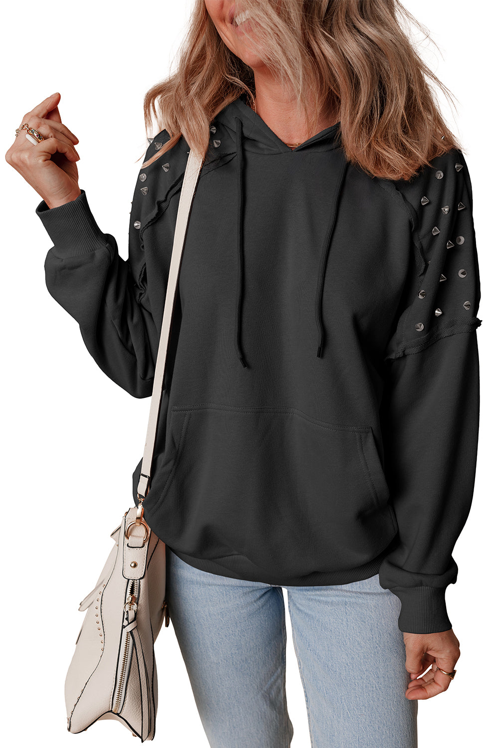 Black Stud Detail Kangaroo Pocket Drawstring Hoodie