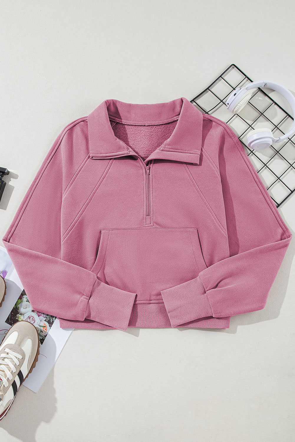 Flamingo Zip Up Stand Collar Ribbed Thumbhole Sleeve Sweatshirt