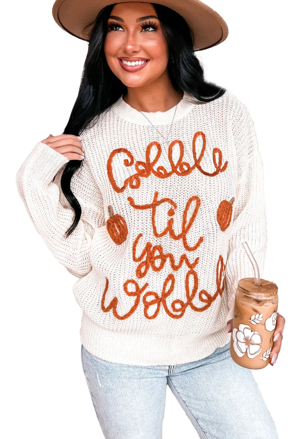 White Gobble Til You Wobble Pop Up Crochet Plus Size Sweater