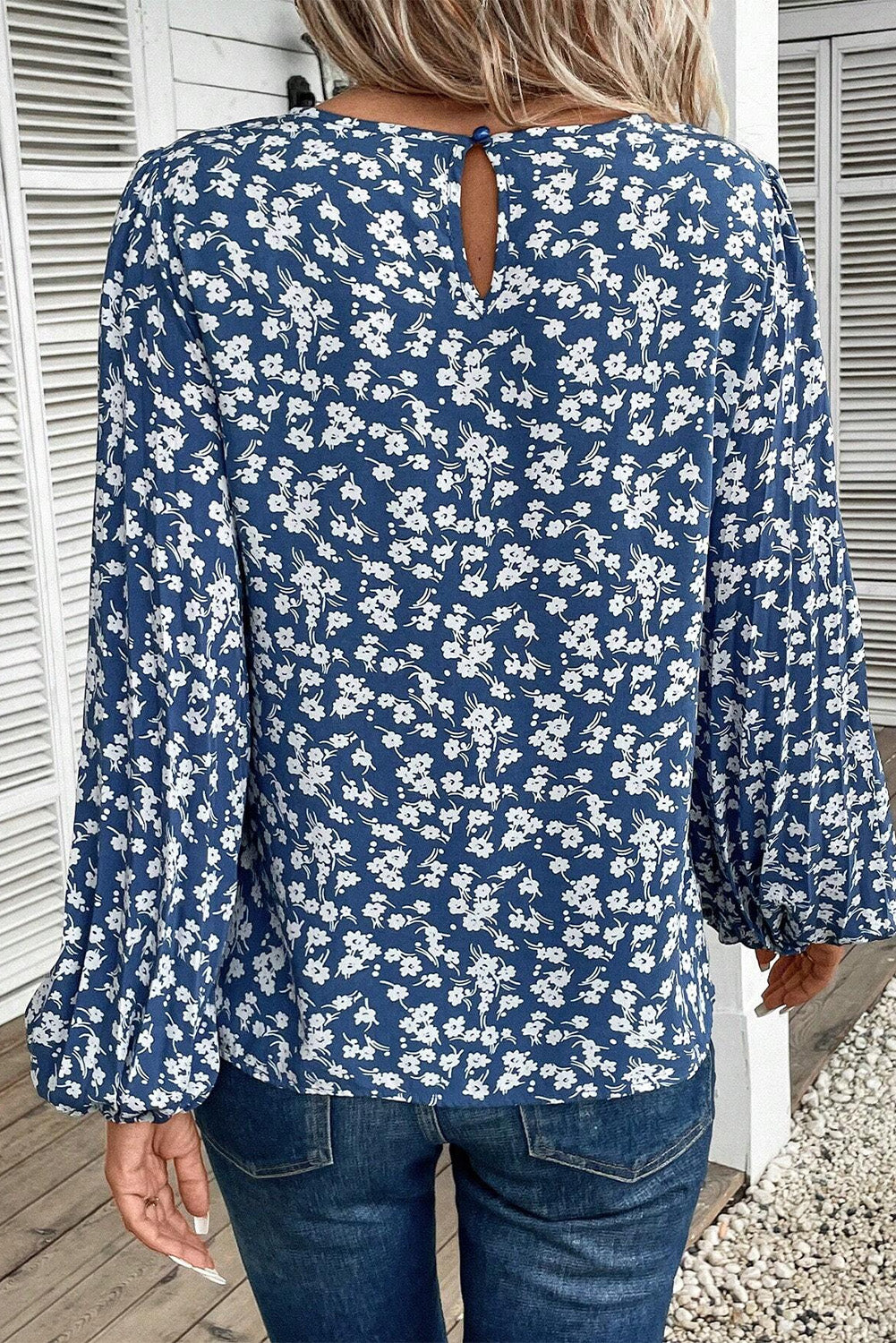 Blue Ditsy Floral Print Lantern Sleeve Blouse