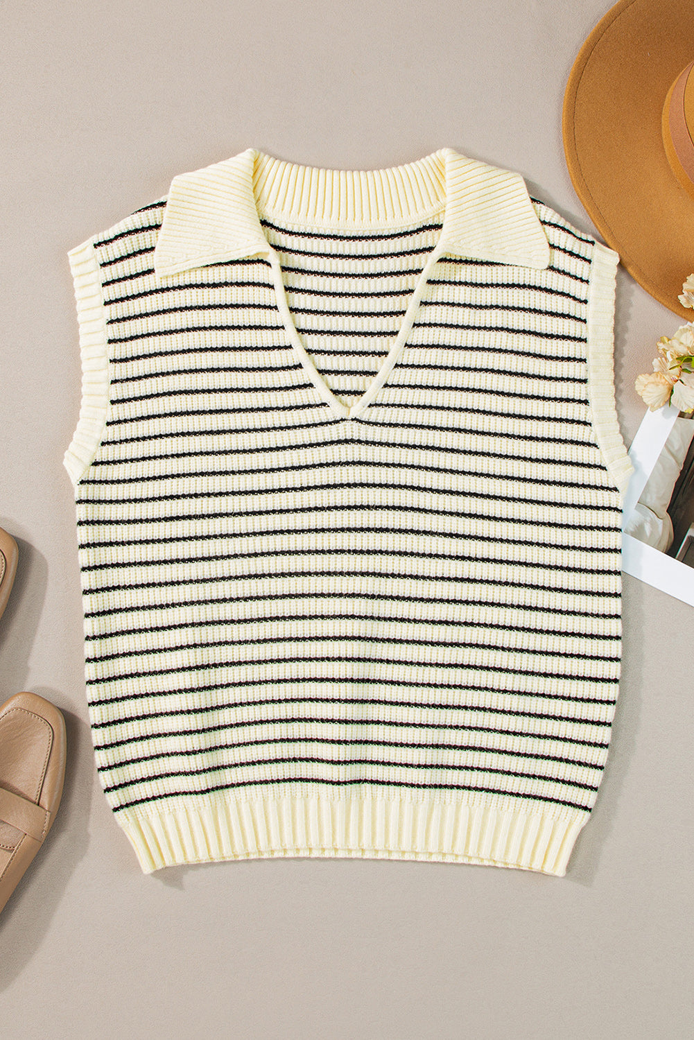 Beige Stripe Turn-down Collar Sleeveless Knitted Top