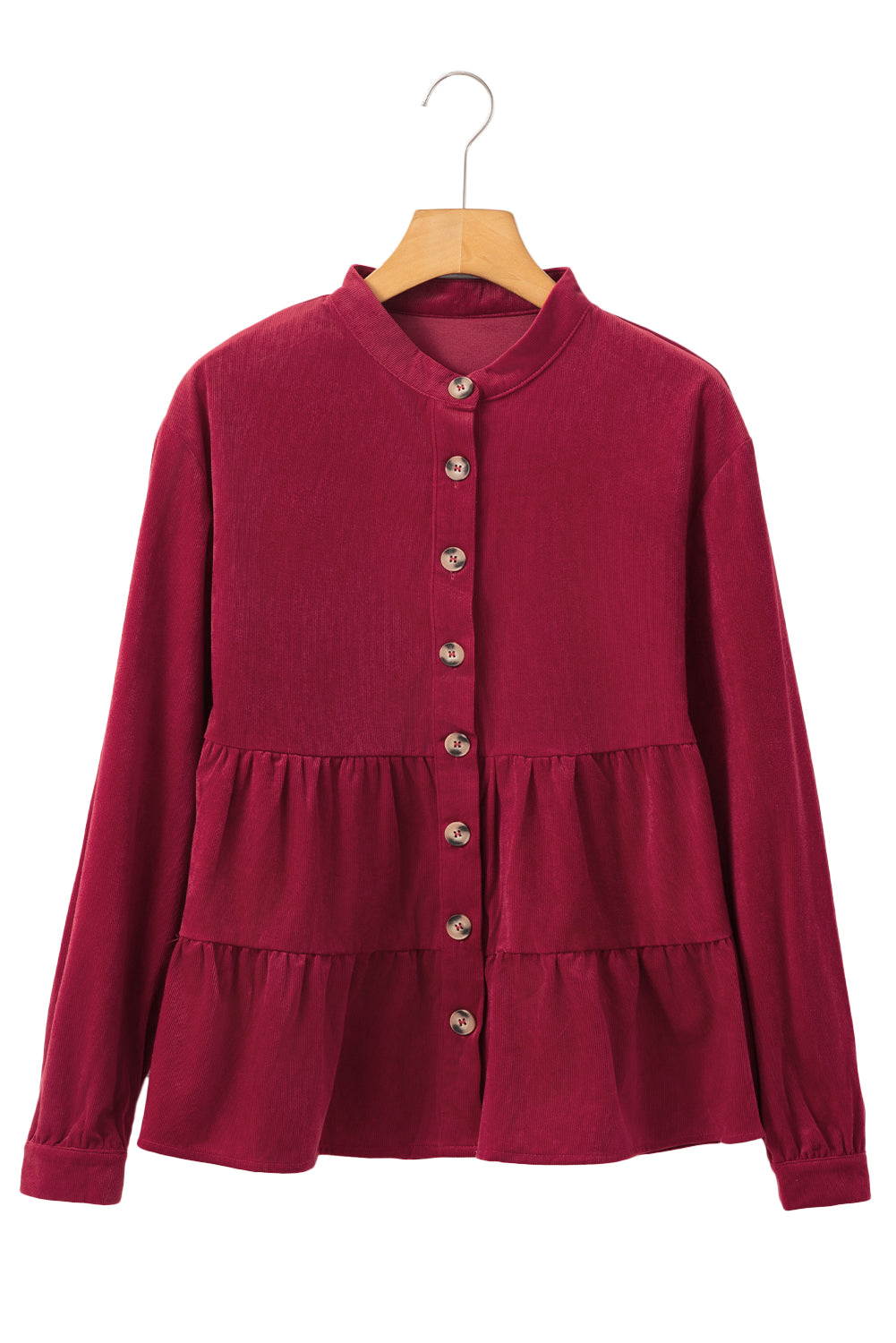 Burgundy Smocked Ruffle Tiered Button-up Shirt