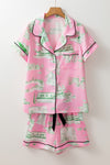 Pink Piping Detail Drawstring Shorts Pajama Set