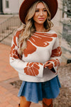 Beige Flower Pattern Drop Sleeve Baggy Sweater